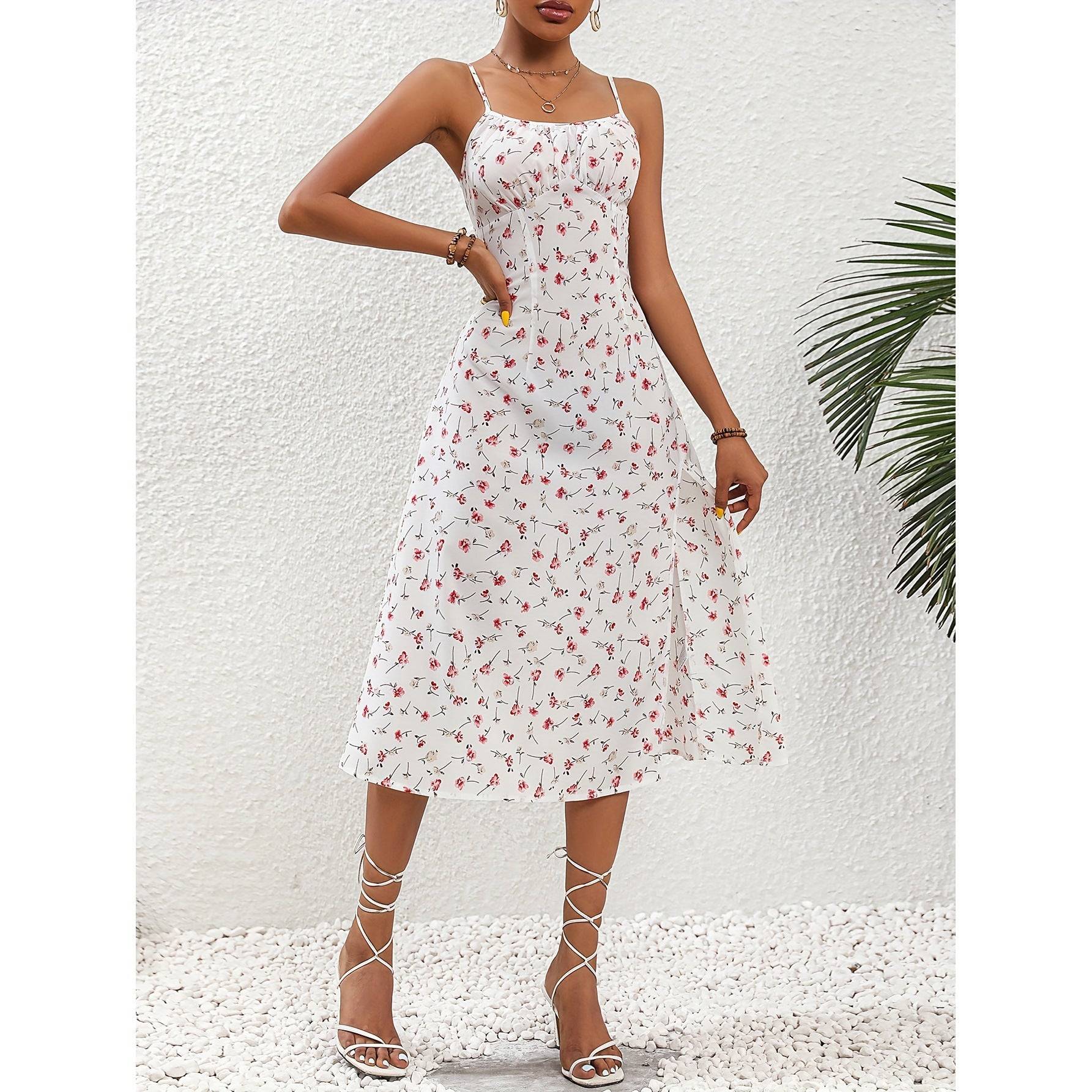 Womens Polka Dot Suspender Dress Summer Long Split Hem