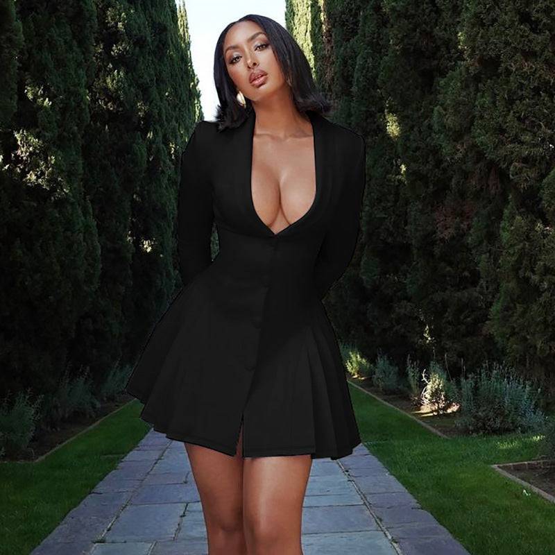 Cardigan Style Long Sleeve Mini Dress V Neck Ruffled