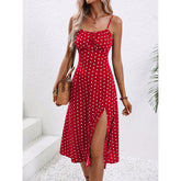 Womens Polka Dot Suspender Dress Summer Long Split Hem