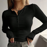 Ribbed Knit Long Sleeve Top With Button Front Design