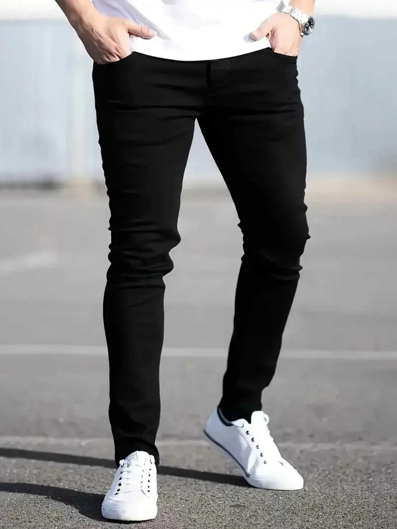 Men Slim Fit Jeans with Black Denim and Reinforced Seams
