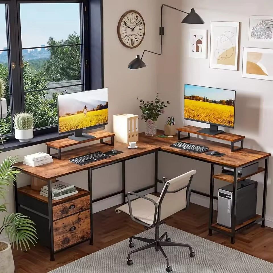 L Shaped Office Desk with Power Outlets Storage