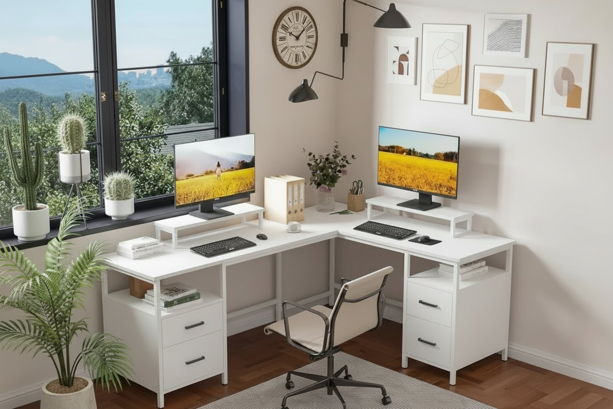L Shaped Office Desk with Power Socket Storage