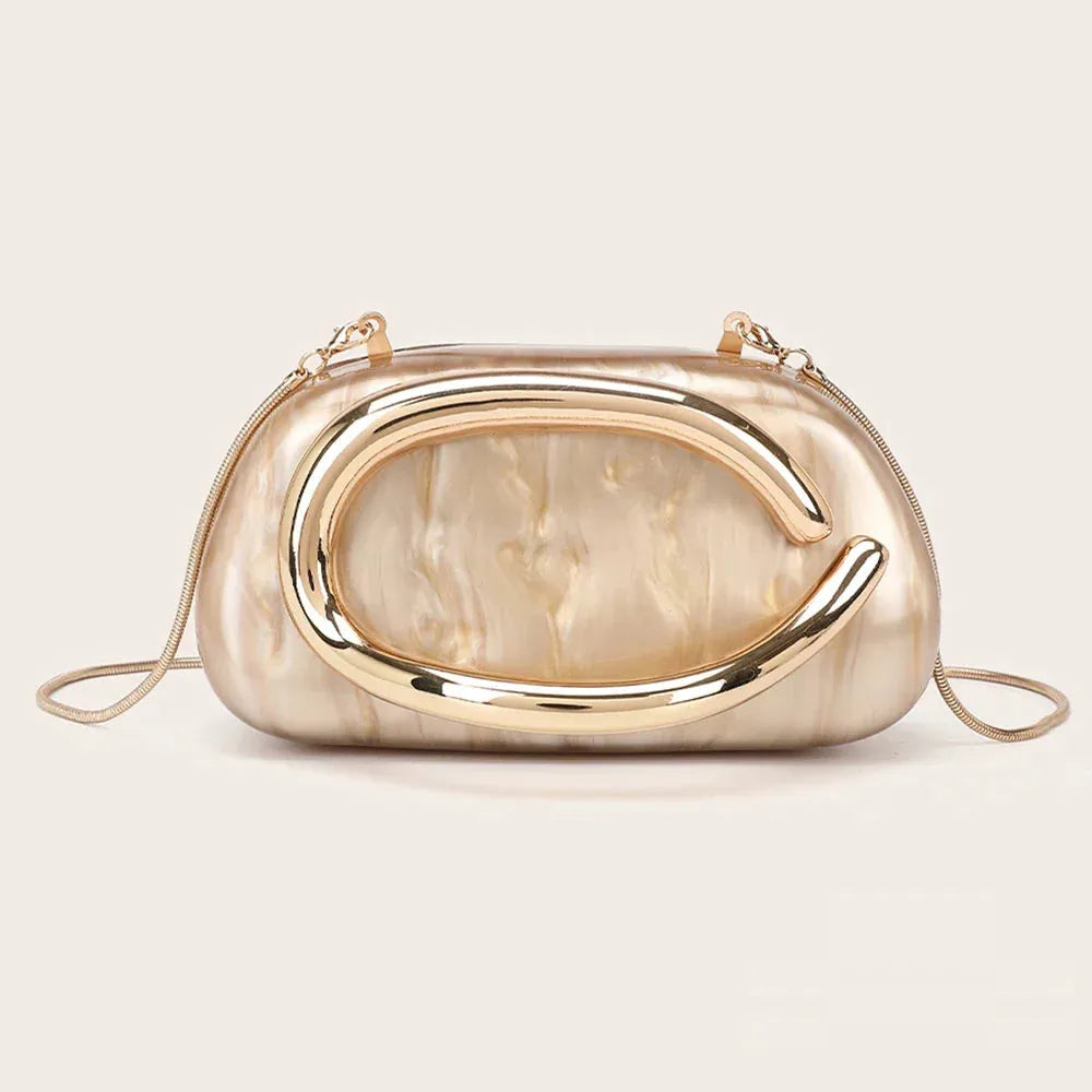 Gold Metal Clutch Bag With Chain Strap For Evening Events