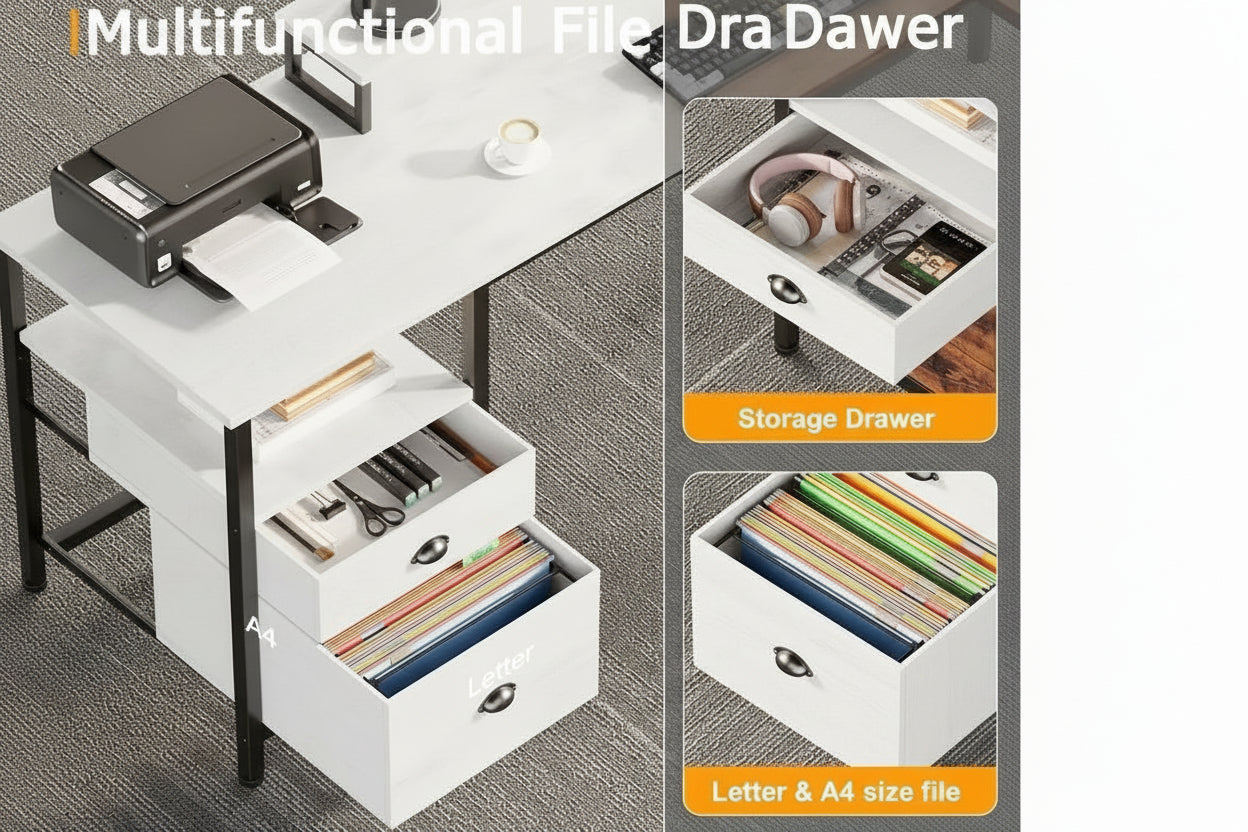 L Shaped Office Desk with Power Outlets Storage