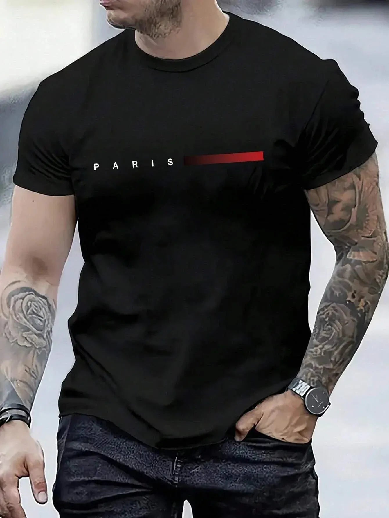 Paris Streetwear T Shirt Set With Gradient Stripe Print