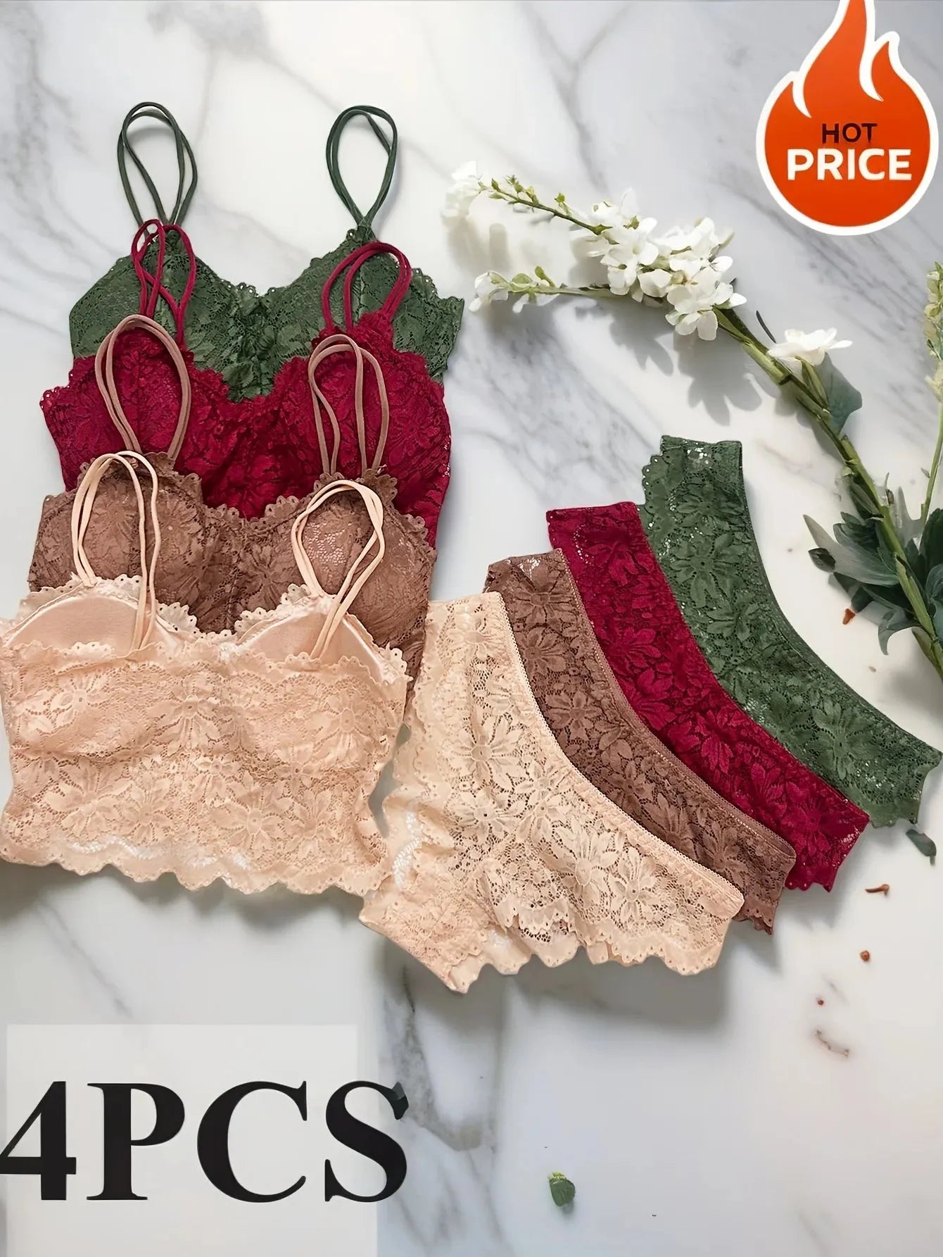 Lace Bra Set Women Stretch Breathable Removable Pads