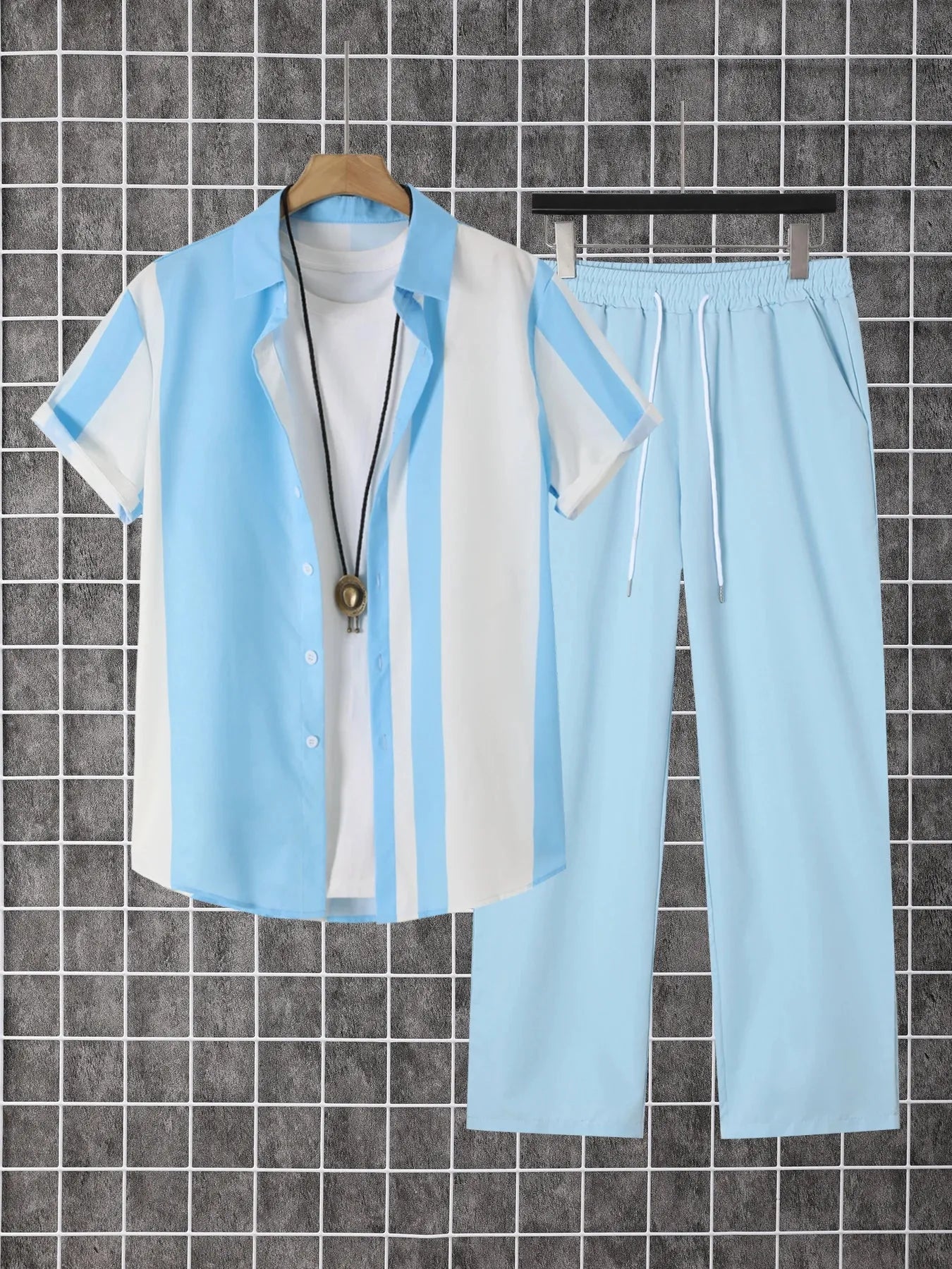 Two Piece Set Men Printed Button Down Summer Outfit