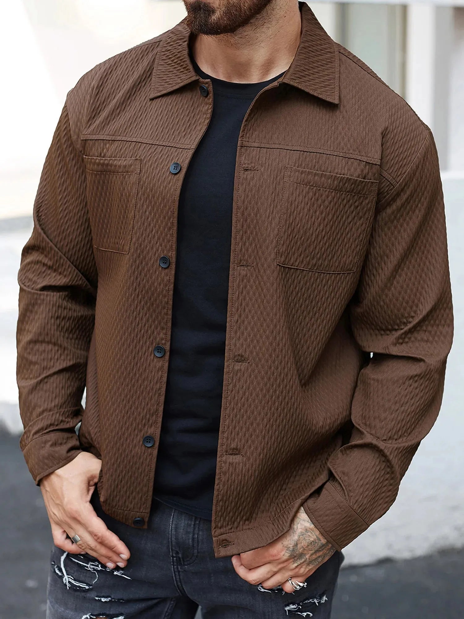 Casual Shirt Jacket Men with Solid Button Up Long Sleeves