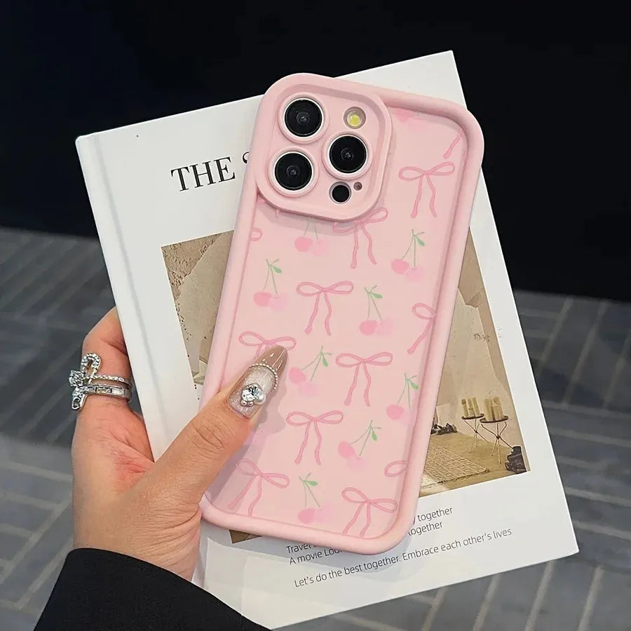 Cute Pink Phone Case With Glitter Bow Soft Protective Cover