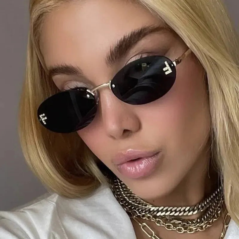 Rimless Oval Sunglasses with Diamond Accent F Letter Design