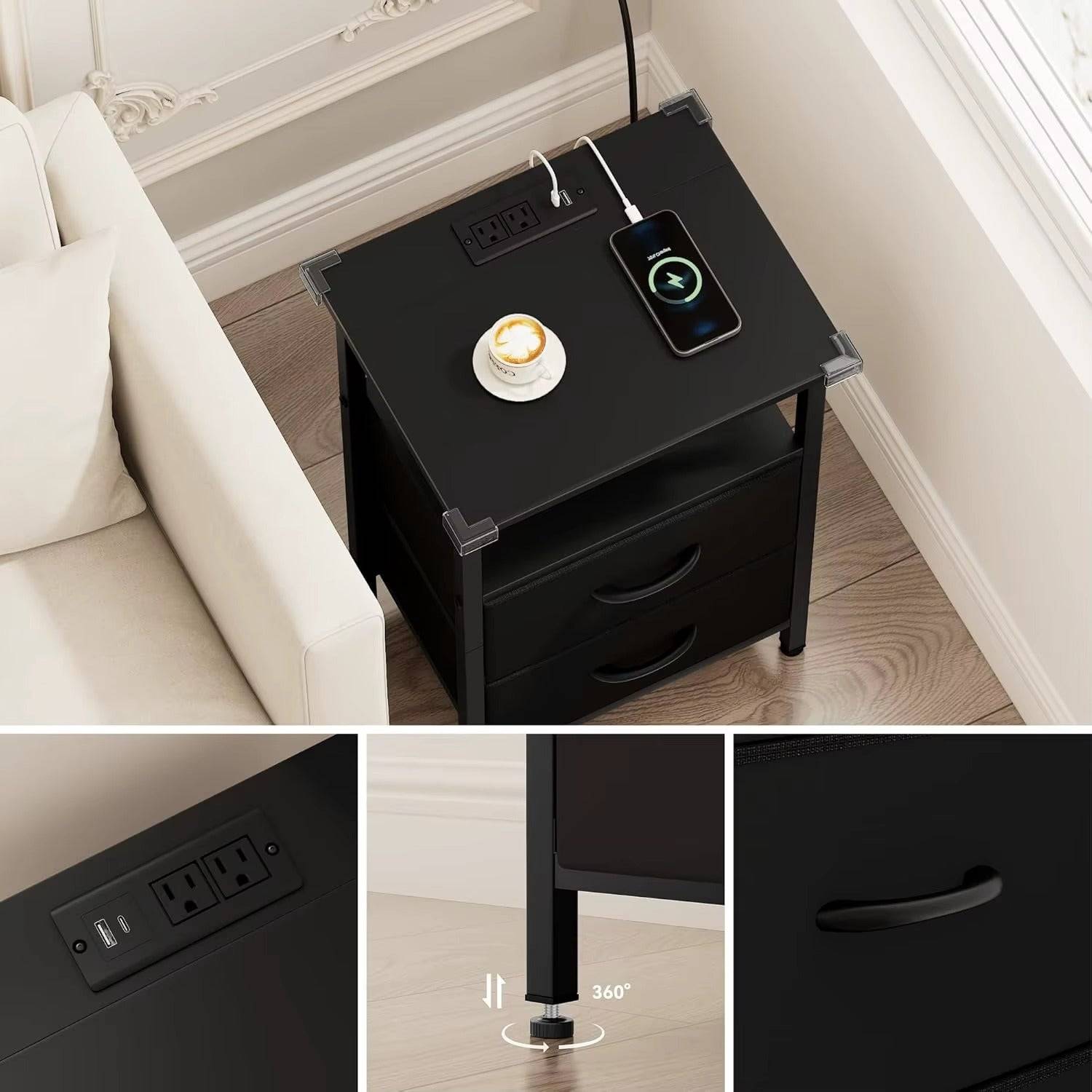 Bedside Table with Charging Station and Fabric Drawers