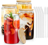 Glass Cups 4 Pack with Bamboo Lids and Reusable Straws