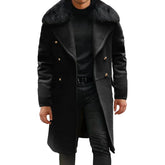 Men’s Long Coat Wool Blend With Fur Collar And Double Breast