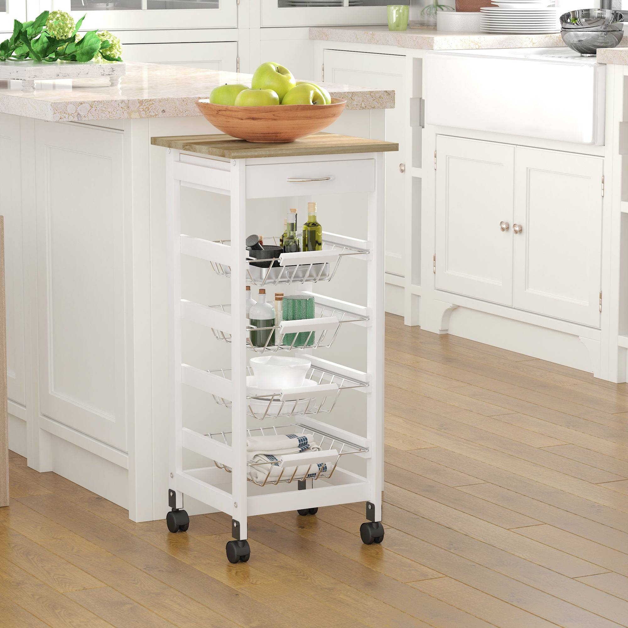 Mobile Kitchen Cart with Baskets and Drawer