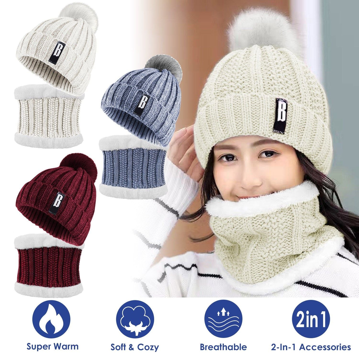 Womens Winter Beanie And Scarf Set Warm Knitted 2 In 1