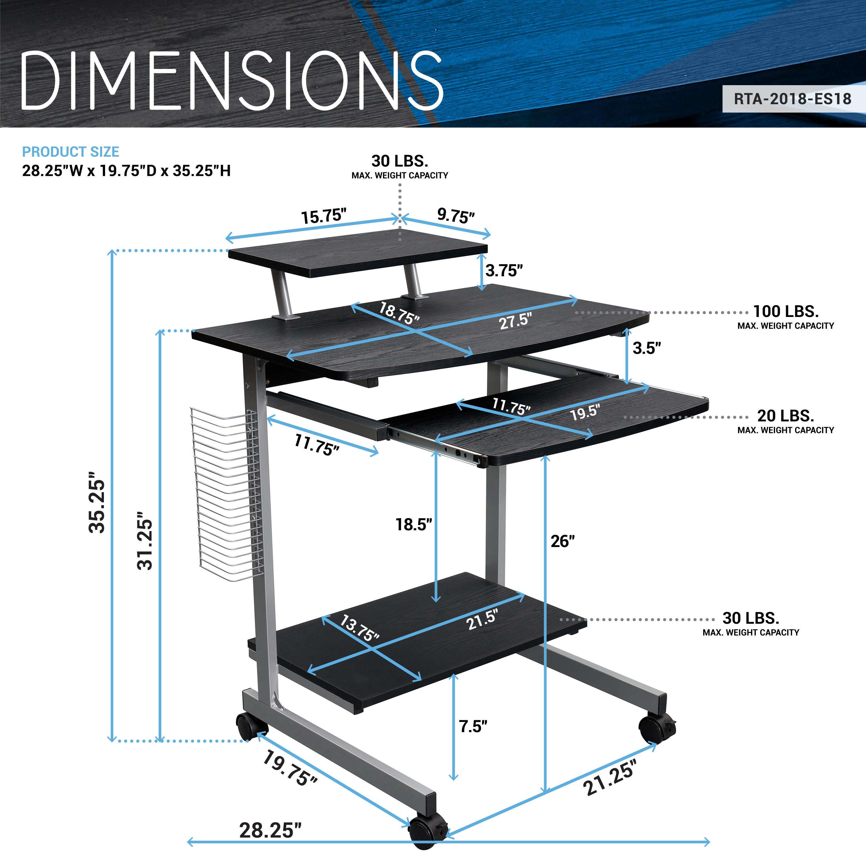 Compact Computer Table with Storage and Locking Casters