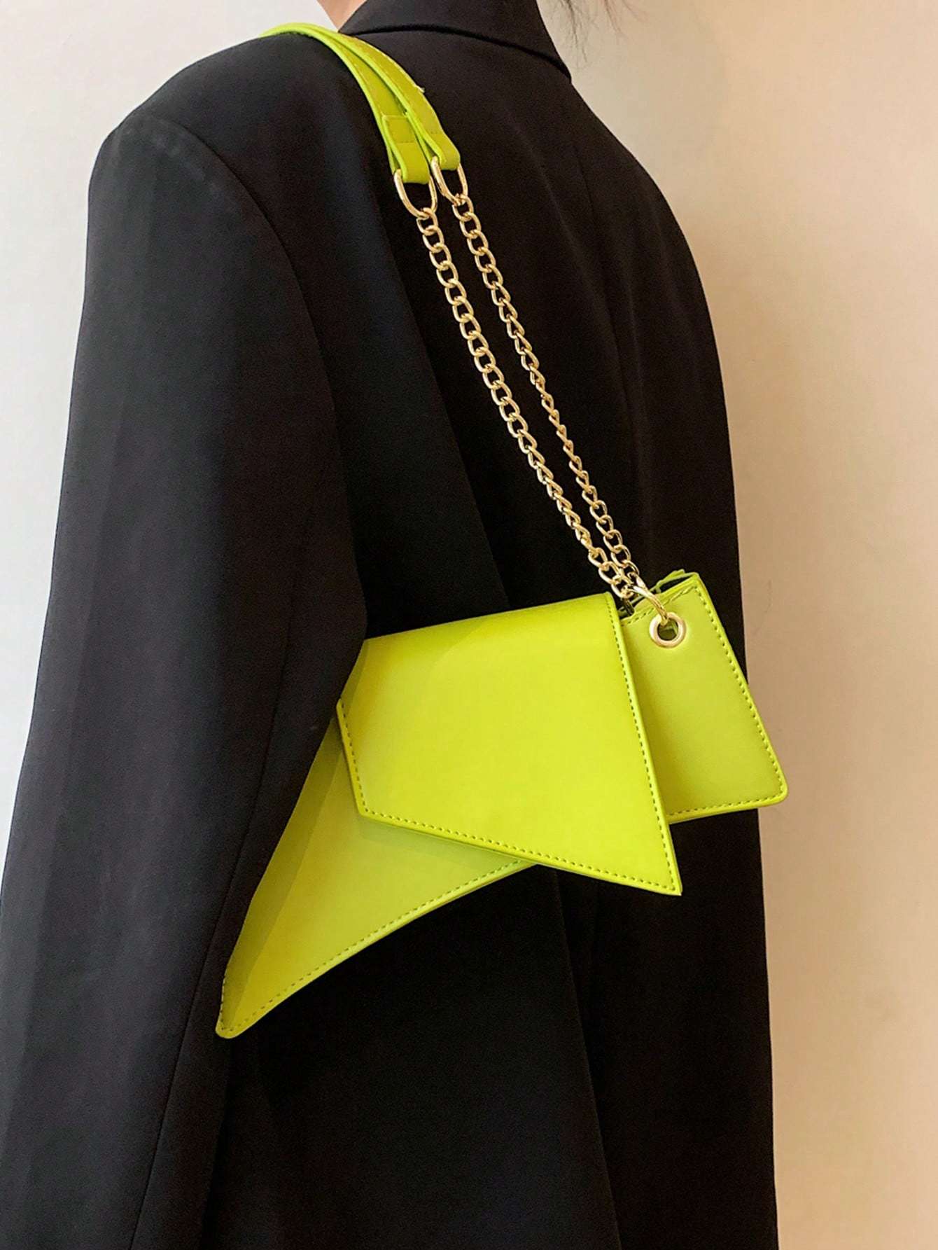 Neon Green Tote Bag PU Leather Chain Stone Pattern Purse