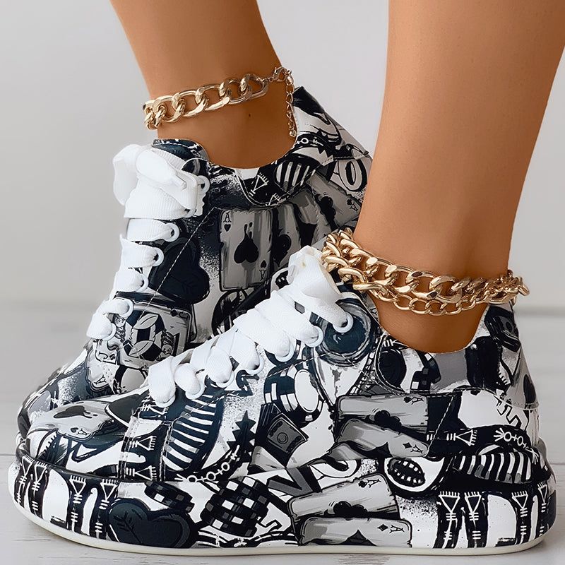 Geometric Print Sneakers With Lace Up Low Top Design