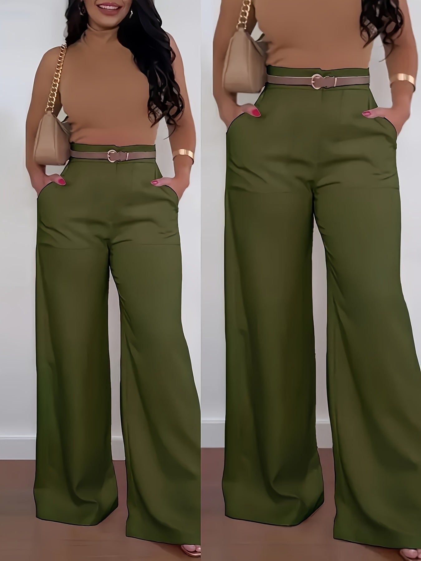 Women’s Solid Color Flared Pants Casual Polyester High Waist Versatile Commuting Style in Apricot or Black