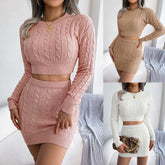 Women Knit Two Piece Dress with Crop Top and Skirt