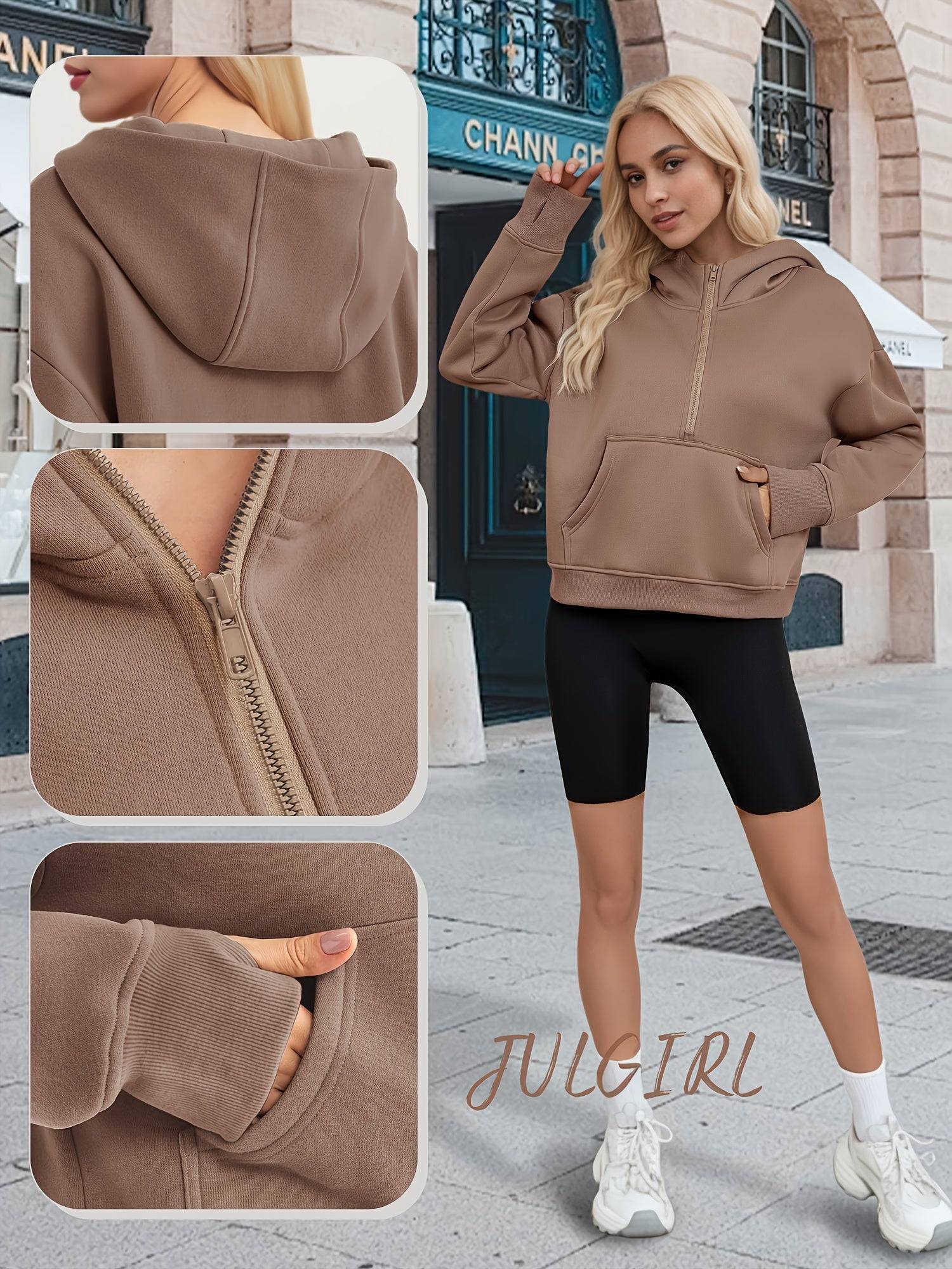 Half Zip Hoodie with Thumbholes