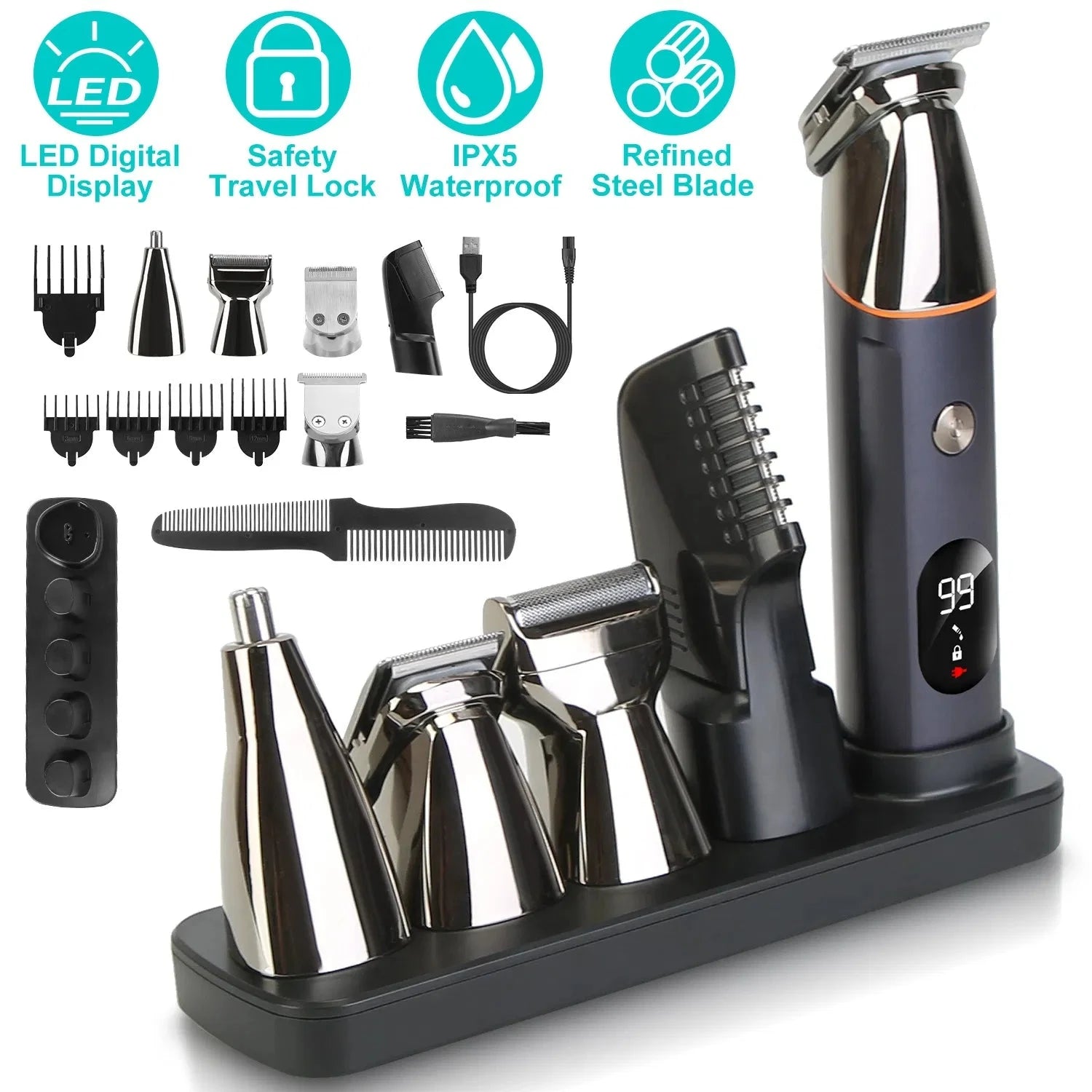 5 in 1 Hair Clippers Grooming Kit With LED Display IPX5