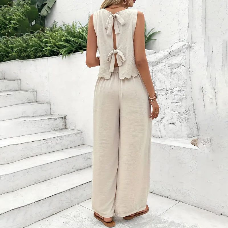 Womens Two Piece Set With Tie Back Top And Wide Leg Pants