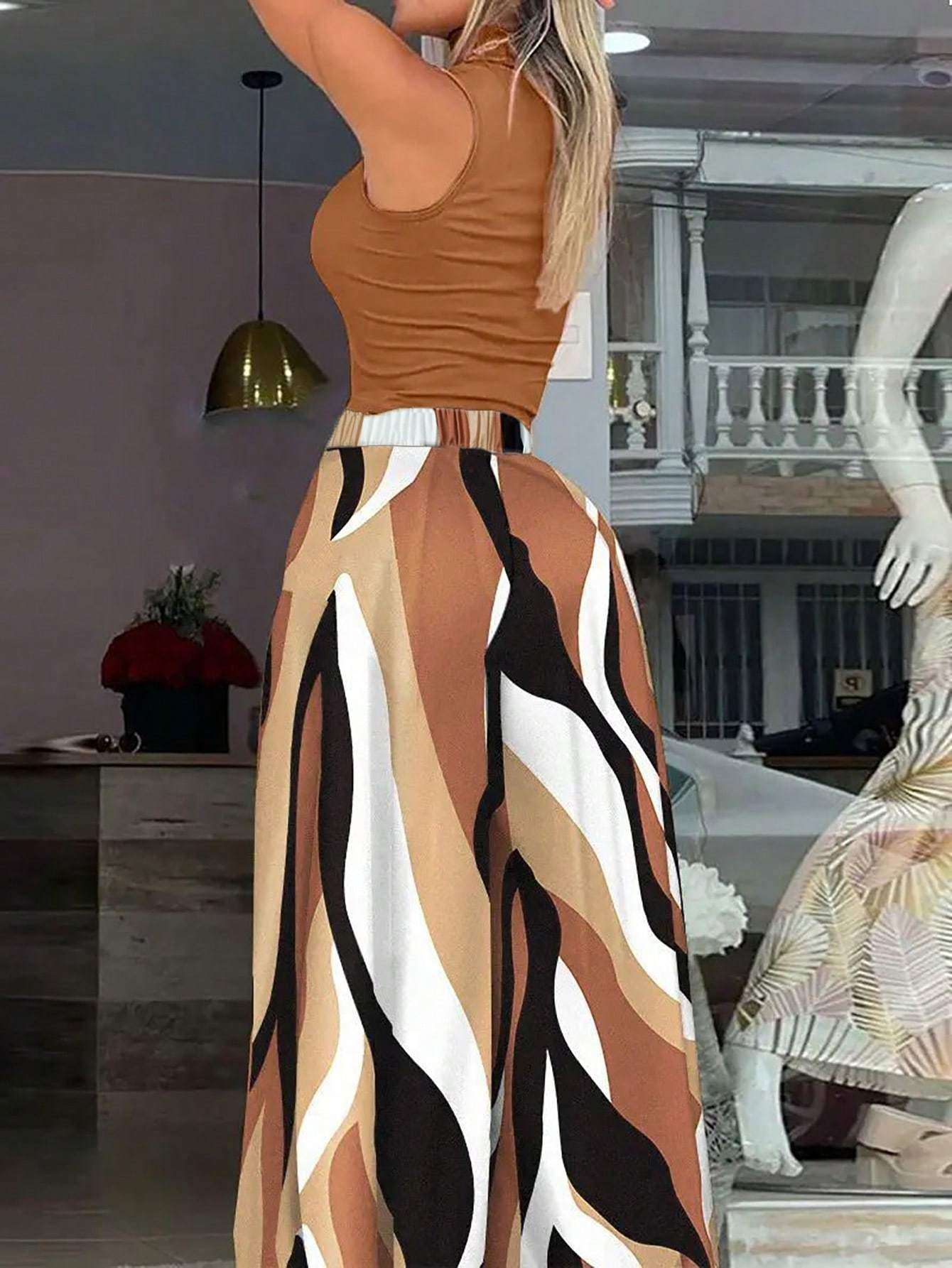 Two Piece Set Woven Round Neck Blouse and Drawstring Pants