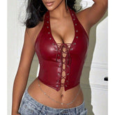 Womens Leather Corset Top Halter Neck Lace Up