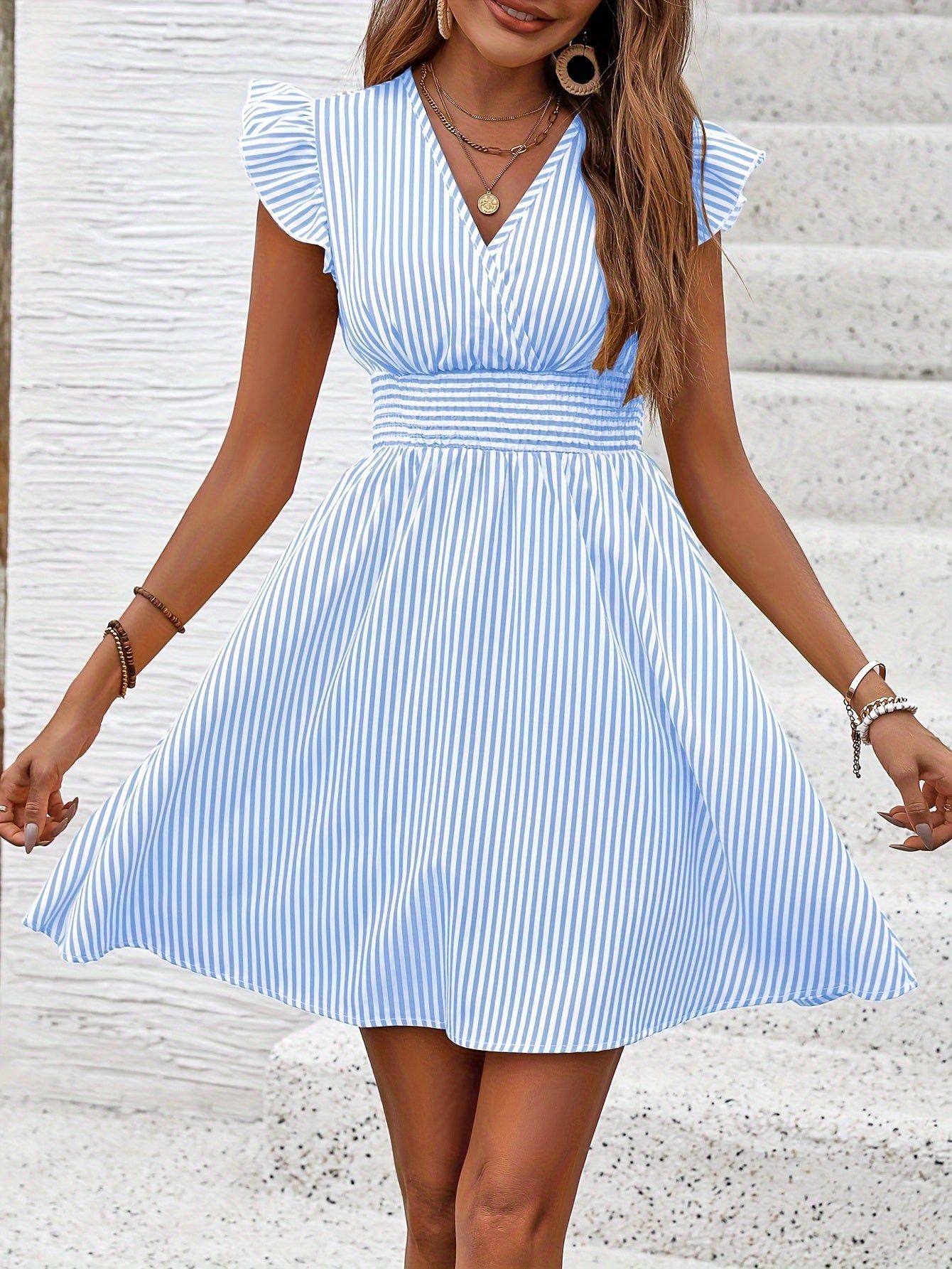 Summer Mini Dress with V Neck and Puff Sleeves