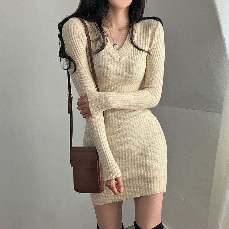 V Neck Bodycon Mini Dress With Long Sleeves And Stretch