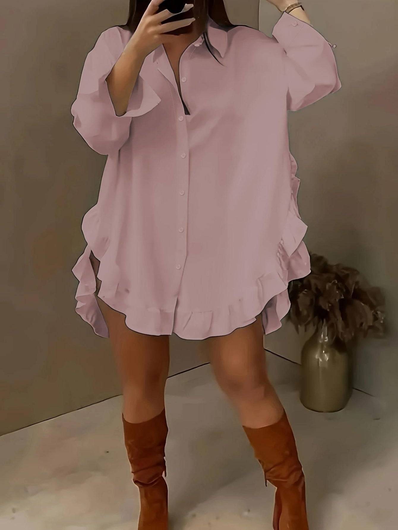 Women's Plus Size Casual Shirt - Solid Color Ruffle Hem