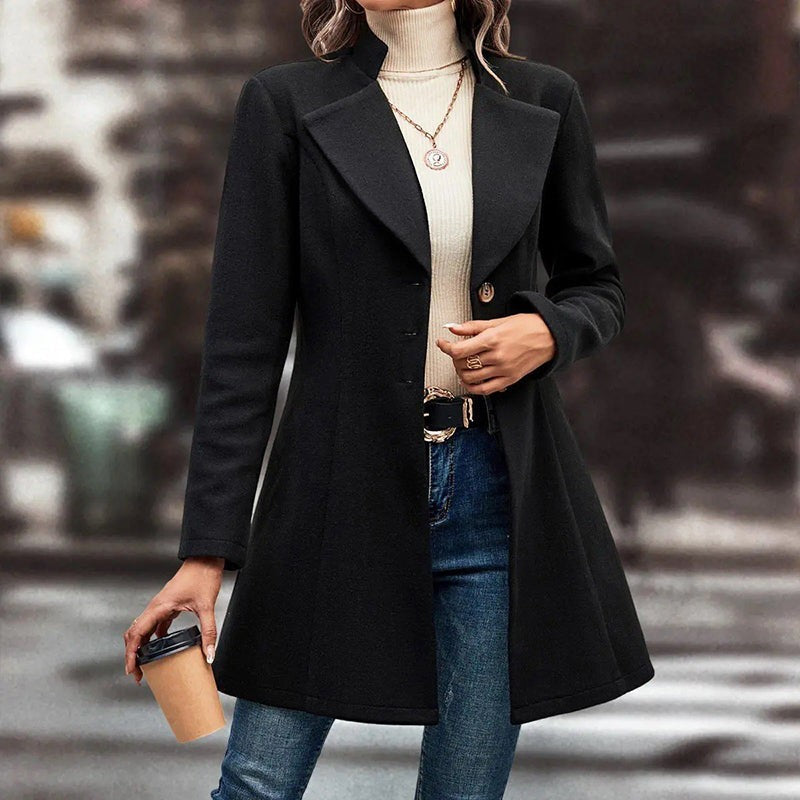 Womens Long Winter Coat With Lapel Collar Pea Design