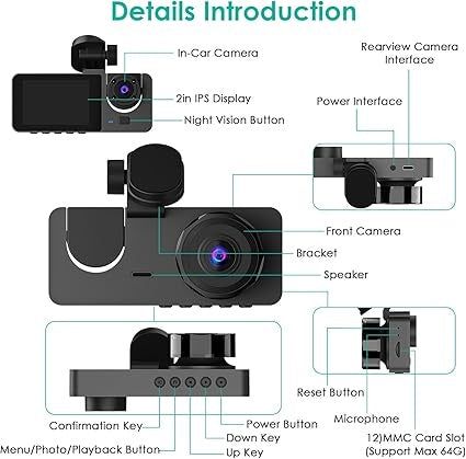 3 Channel 1080P Dash Cam with Front Rear Interior Views