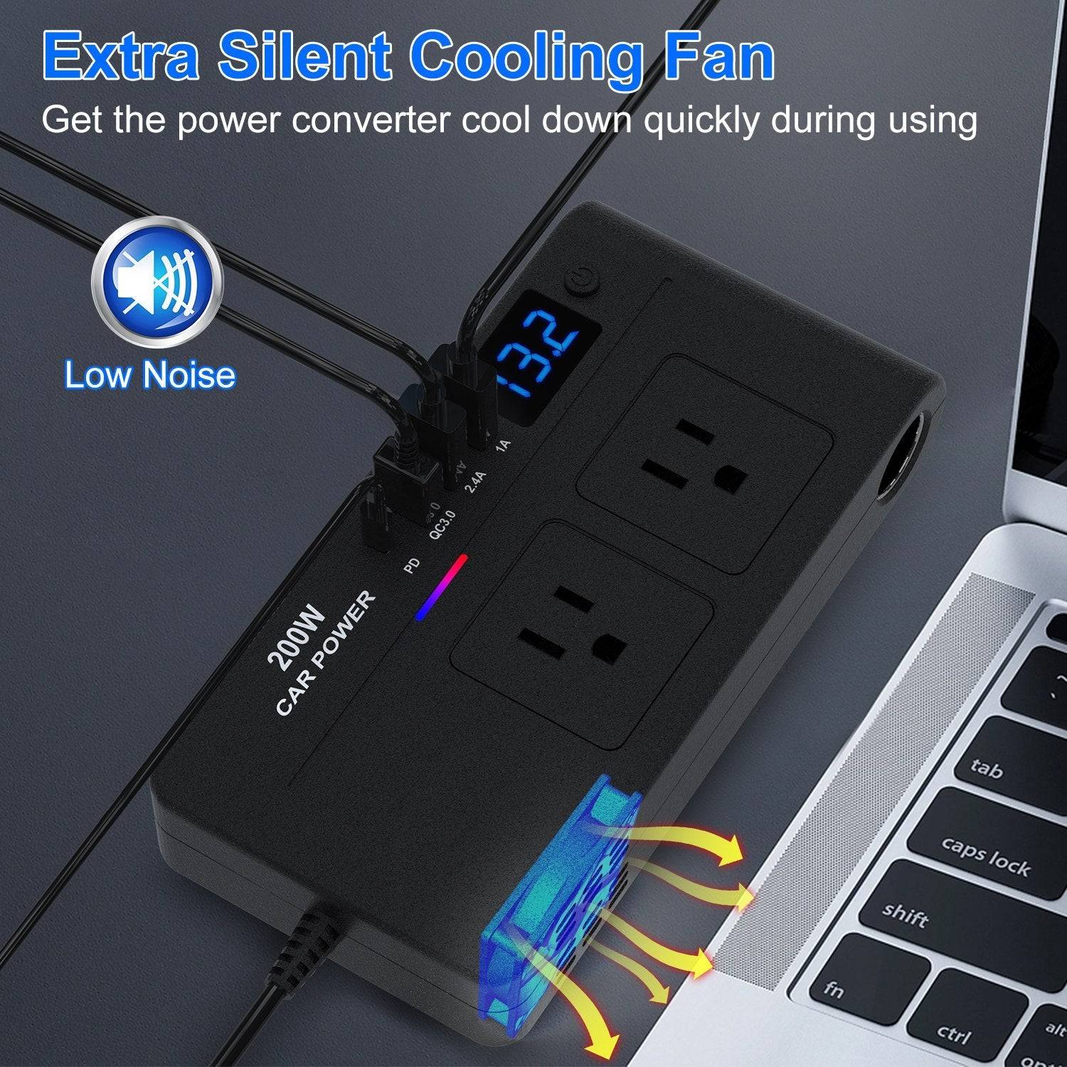 200W Car Inverter with AC Outlets and Fast Charging Ports