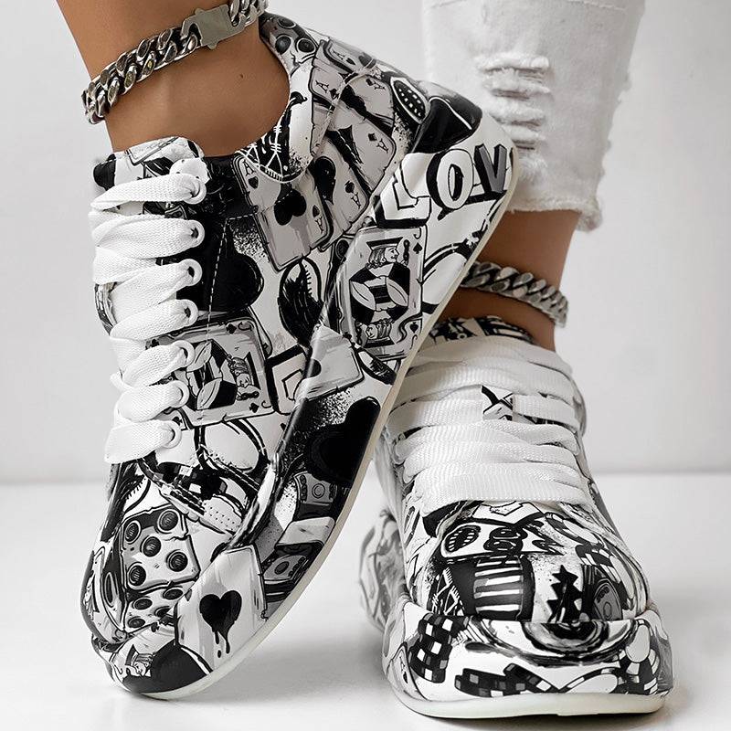 Geometric Print Sneakers With Lace Up Low Top Design
