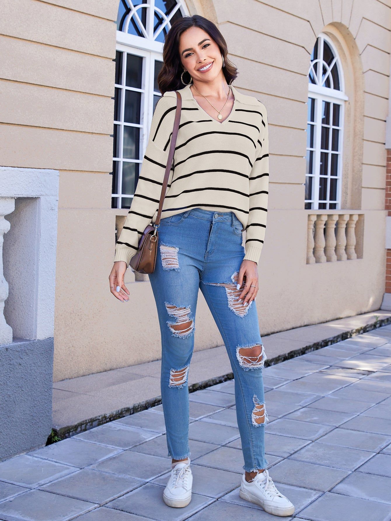 Womens Striped V Neck Long Sleeve Knit Sweater