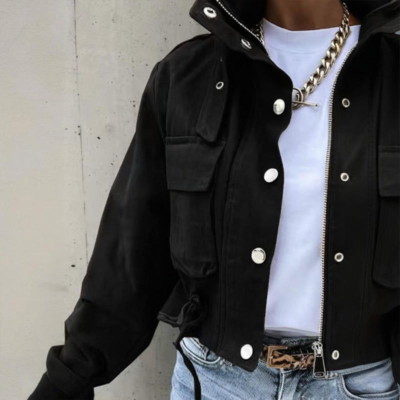 Womens Stand Collar Jacket With Dual Closure And Pockets