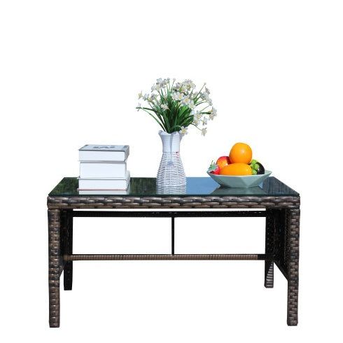 Coffee Table Rattan Outdoor with Tempered Glass