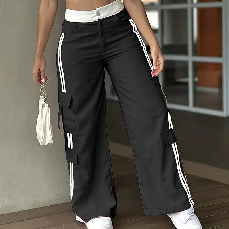Striped Straight Leg Pants with Button Zip Closure