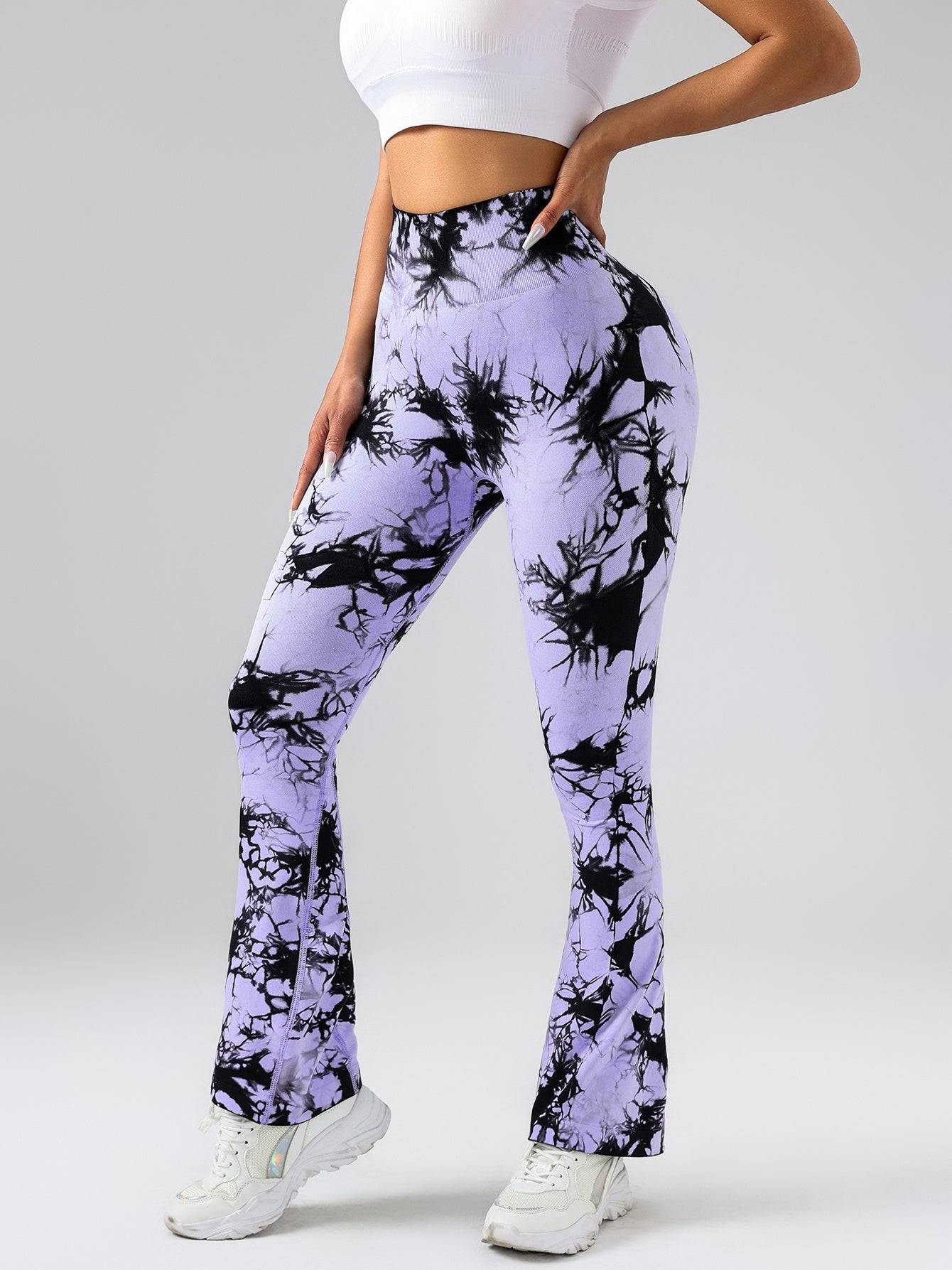 Womens High Waist Tie Dye Flare Leggings with Tummy Control