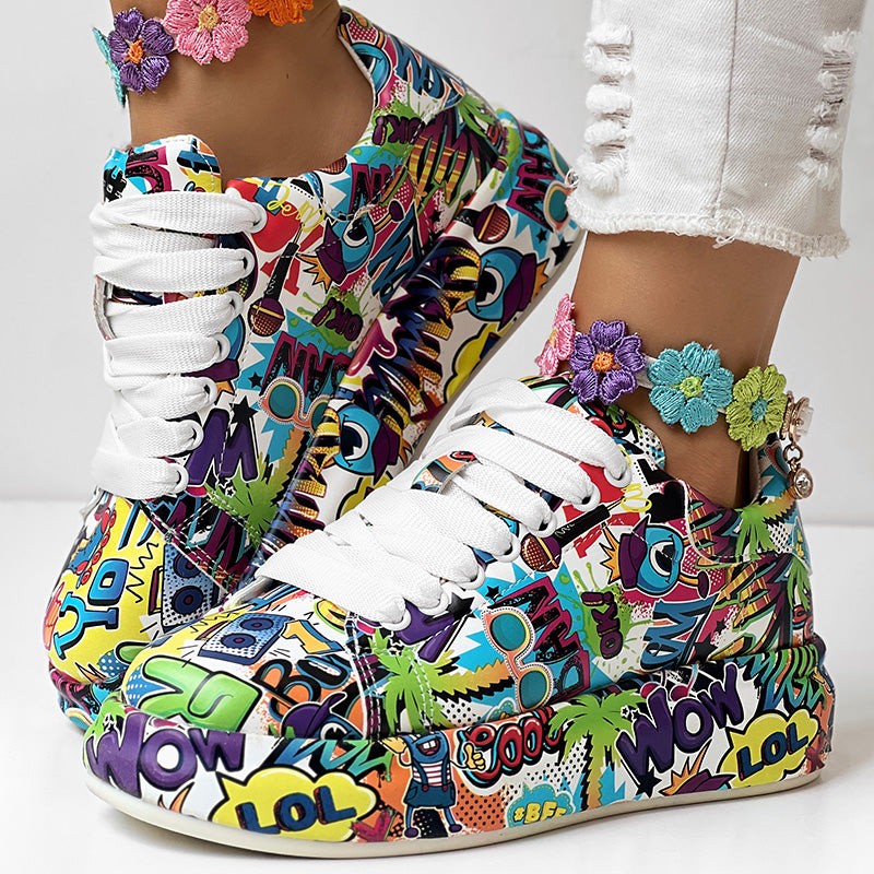 Geometric Print Sneakers With Lace Up Style And Thick Sole