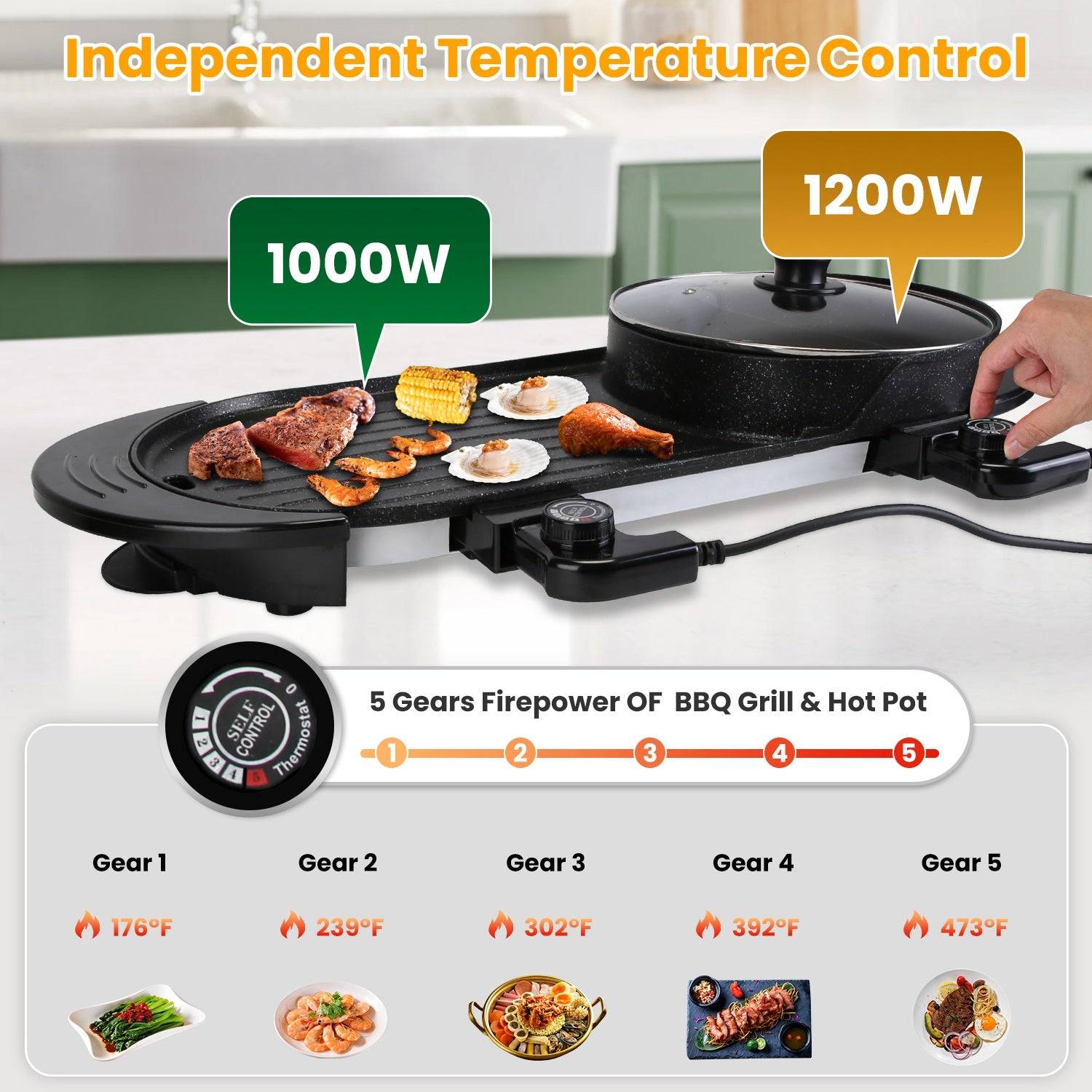 2200W Electric Grill and Hot Pot with Temp Control