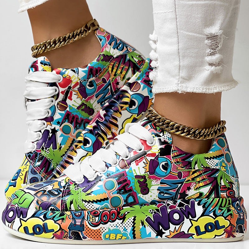 Geometric Print Sneakers With Lace Up Style And Thick Sole