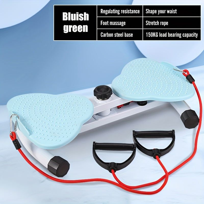 Bluish green Waist Twist Exercise Machine with resistance bands, foot massage pedals, and 150kg load capacity for home fitness.