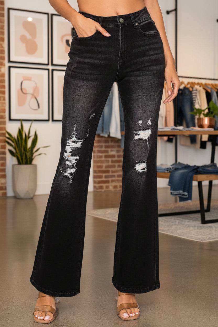 Black Low Rise Flared Jeans For Women Stretch Fit