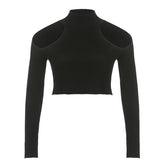 Women High Neck Long Sleeve T Shirt with Cut Out Design