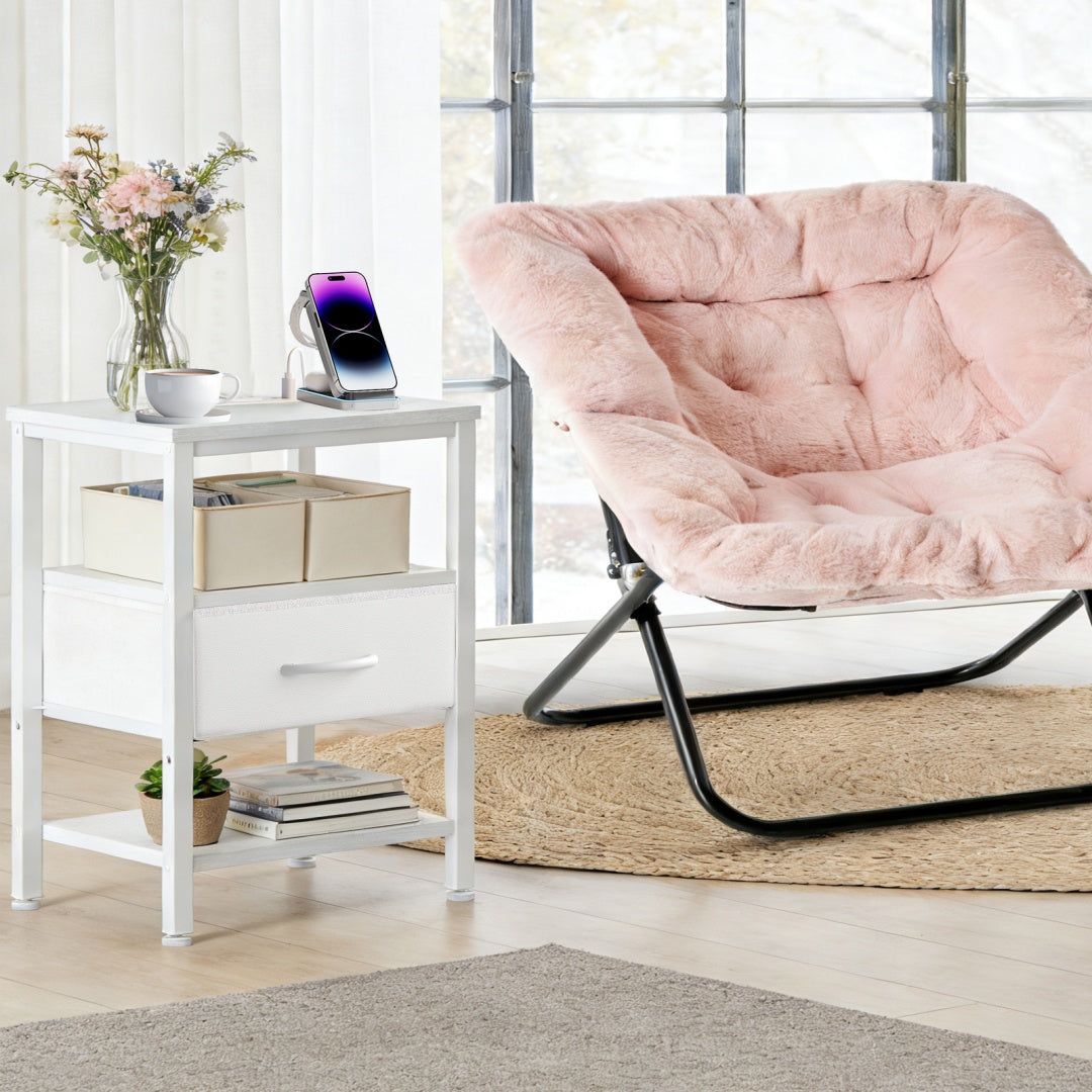 White Bedside Table With Charging Station And Storage