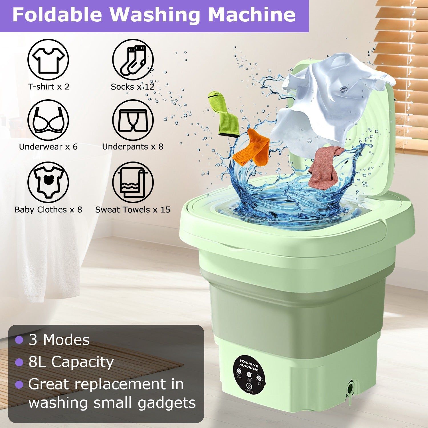 Foldable Portable Washing Machine with 3 Modes 8L Capacity